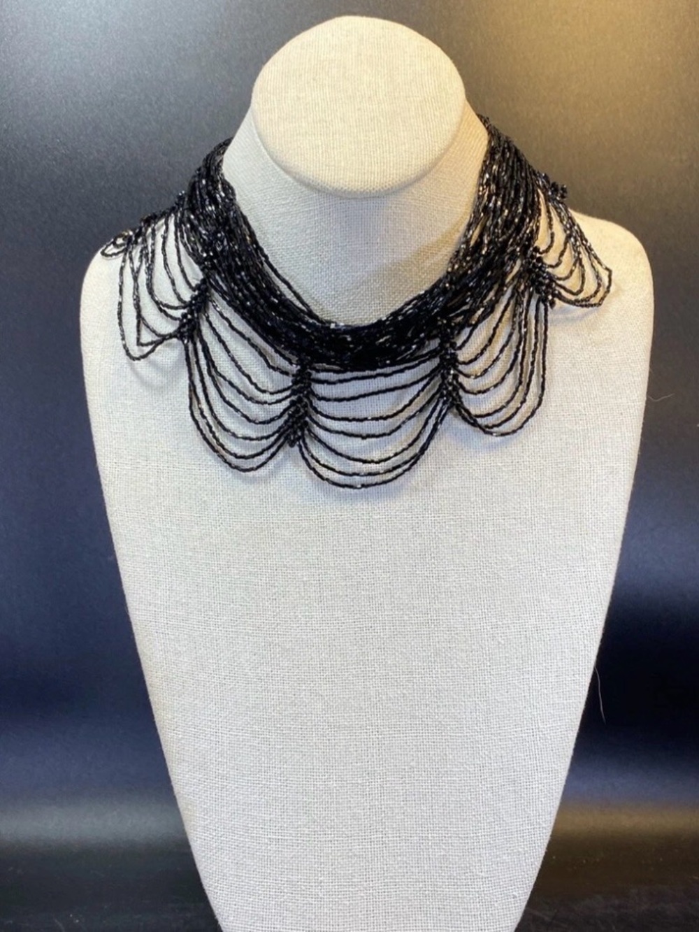 Zara Black Beaded Multi-Strand Scalloped Necklace